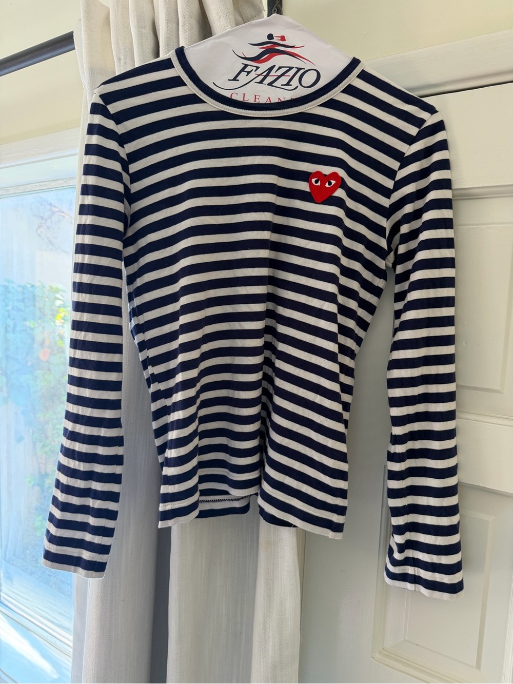 Comme des Garçons Navy & White Striped Long-Sleeve Top with Red Heart Patch